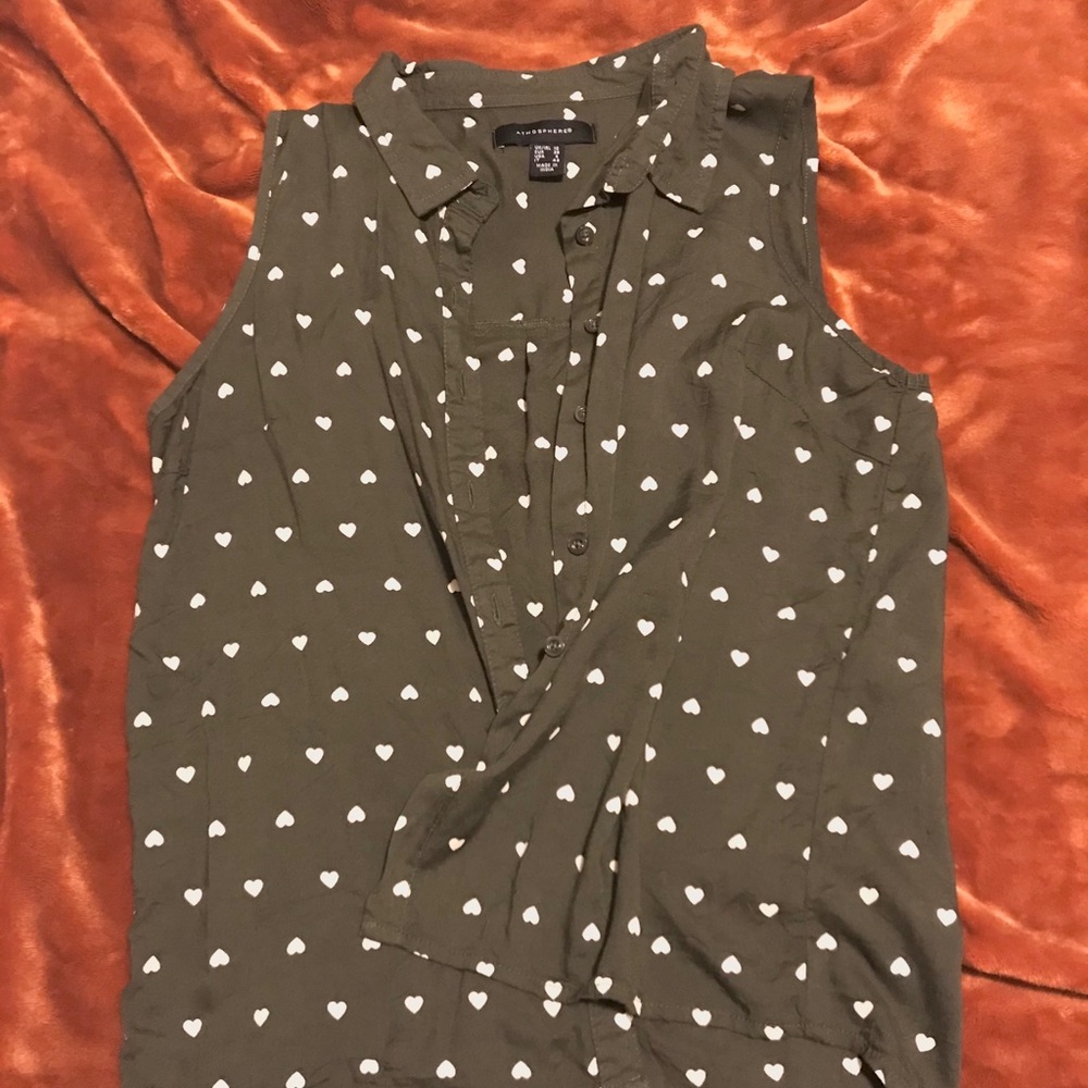 Olive Green Sleeveless Hearts Button Up